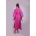 Boho Style Ukrainian Embroidered Maxi Broad Dress Pink with Turquoise/Violet Embroidery